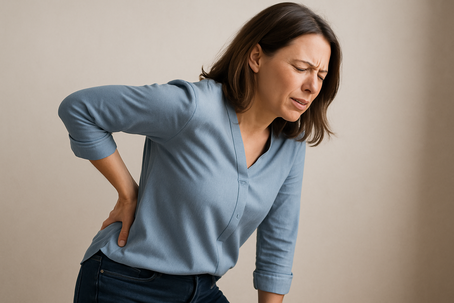 a female person in their mid 30's grabbing their back to indicate pain